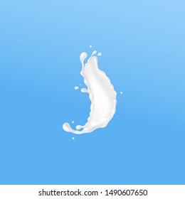Liquid white splash or wave in motion realistic vector illustration isolated on blue background. Abstract flowing element for water based drinks and milk products design.