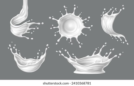 Liquid white yogurt or milk cream splashes. Fresh dairy product, milk cocktail or sauce 3d realistic vector frozen motion whirl or splatter splashes. White paint, yoghurt drink fizz or curly jet