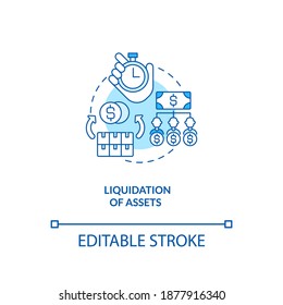 Liquidation of assets blue concept icon. Convert into cash. Business insolvency. Bankruptcy procedure idea thin line illustration. Vector isolated outline RGB color drawing. Editable stroke