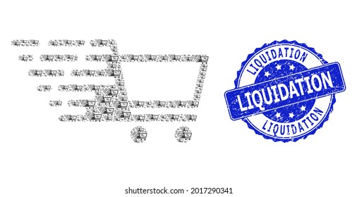Liquidation kratzte rund Stempeldichtung und Vektorrekursiv Collage Einkaufswagen. Das blaue Stempelsiegel enthält das Liquidationsetikett in runder Form. Vektormosaik besteht aus verstreuten Einkaufswagen-Symbolen.