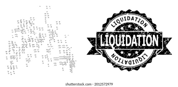 Liquidation scratched stamp seal and vector sand swarm mesh structure. Black stamp seal contains Liquidation tag inside ribbon and rosette. Abstract flat mesh sand swarm, designed with flat mesh.