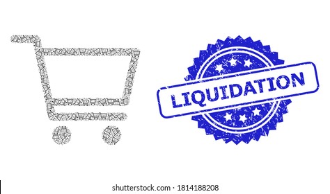 Liquidación sello impuro y carrito de compras de composición fractal vectorial. El sello azul contiene texto de liquidación dentro de la rosette.