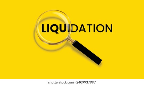 Liquidation word with magnifying glass poster concept design isolated on yellow background.