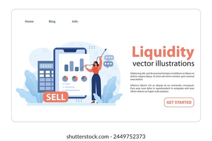 Liquidity concept. Energetic woman highlights financial data on tablet, indicating asset conversion. Quick sell, market dynamics. Flat vector illustration