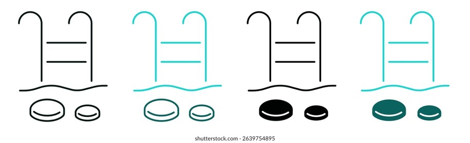 Liquidity pool symbol. Coins on water icon set. DeFi, blockchain, cryptocurrency or technology concept. Color or Black logo for web, ui, or mobile app. Line or solid sign. Editable vector stroke.