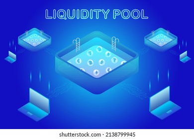 Liquidity pools, the underlying technology behind the DeFi ecosystem. Cryptocurrencies in the liquidity pool and laptops connected to the pool.