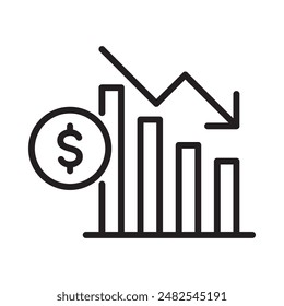 Liquidity risk icon. Money bar chart with drop arrow. Simple line icon. Isolate on white background. Vector.