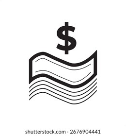Icono de Vector de liquidez con signo de dólar y líneas de dinero que fluyen simbolizando flujo de efectivo, activos líquidos, solvencia y flexibilidad financiera. Perfecto para conceptos bancarios, financieros, comerciales y contables