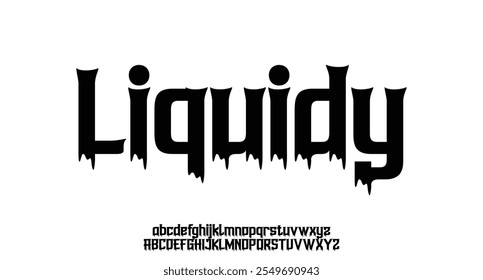 Líquido, fonte derretendo. líquido, fluindo alfabeto inglês com gotas e gotas, descongelando letras e números latinos, tipografia fluida, deformação fundida, conjunto isolado de vetor de letras superior
