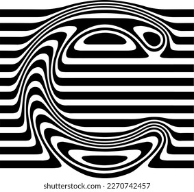 Liquified letter C, 3d striped sign, optical illusion font for opart style logo and monogram. Vector typographic design