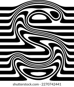 Liquified letter S, 3d striped sign, optical illusion font for opart style logo and monogram. Vector typographic design