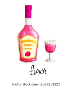 Liquor alcohol bottle and glass. Isolated vector pink liquor bottle with a strawberry on the label, accompanied by filled glass. Flask of fruity, alcoholic beverage and glassware for party celebration