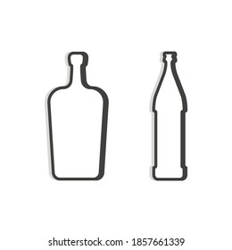 Liköre und Bierflasche. Lineare Form. Einfache Vorlage. Eingeschlossenes Objekt. Symbol in dünnen Linien für alkoholische Institutionen, Bars, Restaurants, Pubs. Dunkle Umrisse. Flache Illustration auf weißem Hintergrund.
