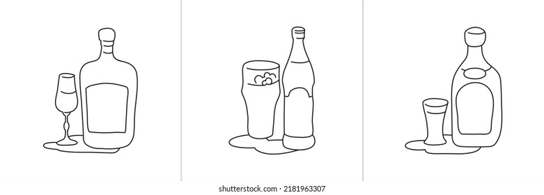 Liquor beer tequila bottle and glass outline icon on white background. Black white cartoon sketch graphic design. Doodle style. Hand drawn image. Party drinks concept. Freehand drawing style. Vector.
