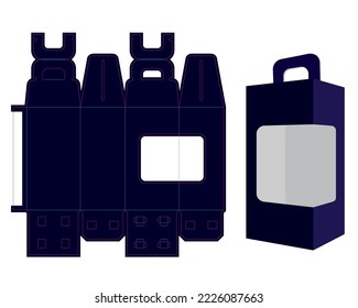 Liquor Bottle Box Packaging Layout Design Template Vector Die Cut Pattern with Handle and Window. Package EPS file is full scale and functional. Ready for Cardboard Production.