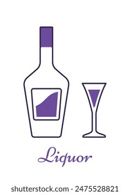 Liquor bottle and glass in flat design. Outline icons beverages isolated on white background. Linear violet alcoholic drinks with wineglasses. Thin line objects. Vector illustration.