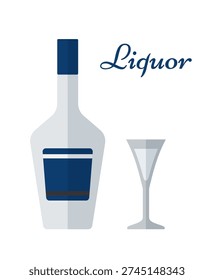Liquor bottle and glass in flat design. Colored icons beverages isolated on white background. Alcoholic drinks with wineglasses. Thin line objects. Vector illustration.