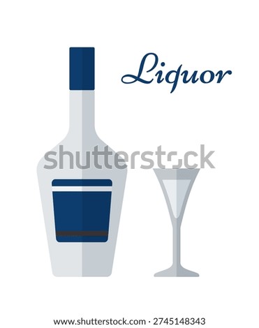 Liquor bottle and glass in flat design. Colored icons beverages isolated on white background. Alcoholic drinks with wineglasses. Thin line objects. Vector illustration.