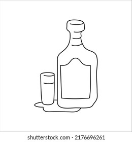 Liquor bottle and glass outline icon on white background. Black white cartoon sketch graphic design. Doodle style. Hand drawn image. Party drinks concept. Freehand drawing style.
