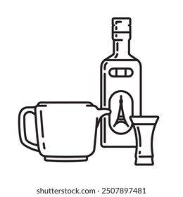 Liquor bottle, glass and pitcher vector line icon for Anisette Day on July 2