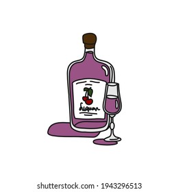 Liquor bottle and glass superimposed outline icon on white background. Colored cartoon sketch graphic design. Doodle style. Hand drawn image. Party drinks concept. Freehand drawing style. Vector.
