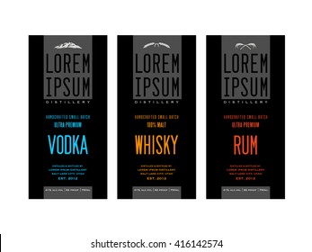 liquor bottle label designs for vodka, whisky whiskey and rum