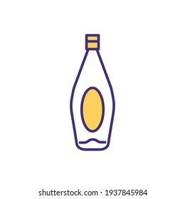 Liquor bottle RGB color icon. Alcoholic fermented drink. Liquid substance. Cocktail, whiskey, rum. Glass bottle with distilled beverage, spirit. Alcohol content. Isolated vector illustration