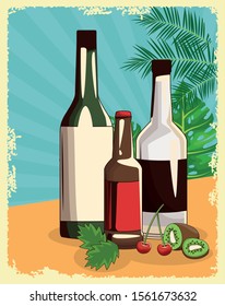 liquor bottles and beer bottle over tropical leaves and retro style background, vector illustration