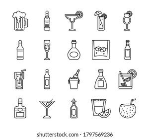 liquor bottles and cocktails icon set over white background, line style, vector illustration