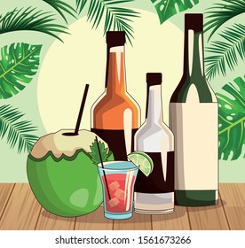 liquor bottles and coconut drink over tropical leaves and retro style background, colorful design , vector illustration