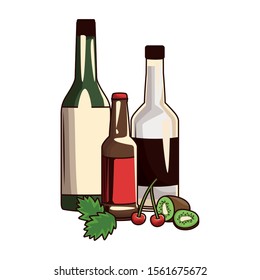 liquor bottles and fruits over white background, vector illustration