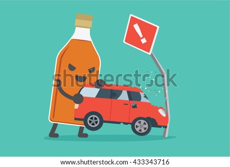 Liquor bottles lifting a car crashes into road signs. Drunk driving concept.