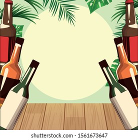 liquor bottles over tropical leaves and retro style background, colorful design , vector illustration