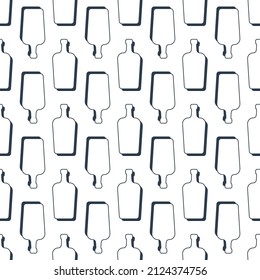 Liquor Flaschen nahtloses Muster. Line Art Stil. Rahmenbild. Schwarz-Weiß-Wiederholvorlage. Party-Drinks-Konzept. Illustration auf weißem Hintergrund. Flaches Design für jeden Zweck. Vektorgrafik.