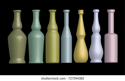 Liquor bottles selection, different shapes side by side on black base
