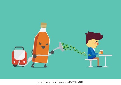 Liquor bottles using vacuum cleaner to suck money from drinker. Illustration about using money extravagantly.