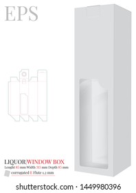 Liquor Box Template, Vector With Die Cut / Laser Cut Layers.  White, Clear, Blank, Isolated Bottle Gift Box Mock Up Isolated On White Background, Perspective View Wine Bottle Box With Window