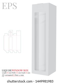 Liquor Box Template, Vector With Die Cut / Laser Cut Layers.  White, Clear, Blank, Isolated Bottle Gift Box With Mock Up Isolated On White Background, Perspective View Wine Bottle Box With Window