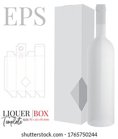 Liquor Box Template, Vector With Die Cut / Laser Cut Layers.  White, Clear, Blank, Isolated Bottle Gift Box Mock Up Isolated On White Background, Perspective View Wine Bottle Box With Window