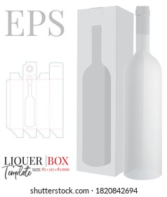 Liquor Box Template, Vector With Die Cut / Laser Cut Layers. White, Clear, Blank, Isolated Bottle Gift Box Window Mock Up Isolated On White Background, Perspective View Wine Bottle Box With Window