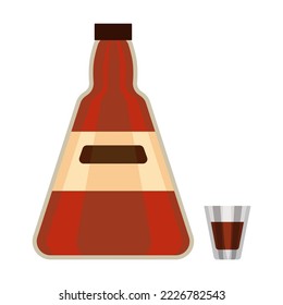 Liquor flat vector illustration. Alcohol bottle with glass cartoon illustration. Alcoholic drinks, beverage concept