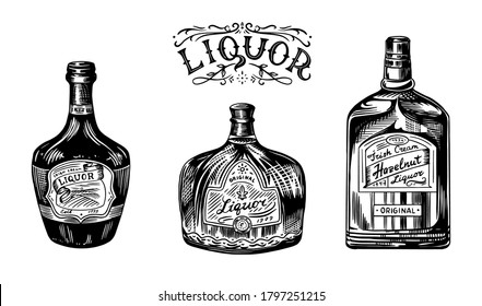 Liquor in a glass bottle. Alcoholic beverage or strong drink. Dessert wine and Retro label. Engraved hand drawn vintage sketch. Woodcut style. Vector illustration for menu or poster.