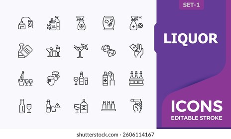 Liquor icon collection. Includes thin line symbols vodka, wine, beer, bar, restaurant and more. Alcohol simple icon. Thin linear style icons. Minimalist editable vector art.