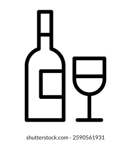 Liquor icon in line style with editable stroke. A wine bottle and a half-filled glass