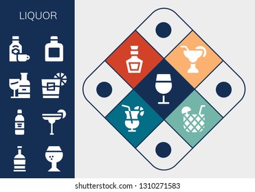 liquor icon set. 13 filled liquor icons.  Collection Of - Wine glass, Rum, Brandy, Wine bottle, Cocktail, Whiskey, Whisky