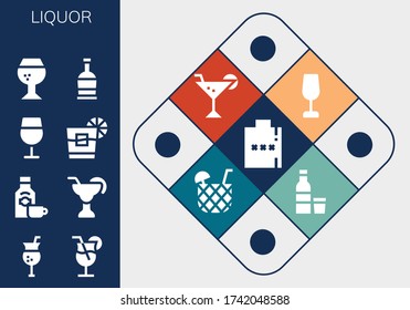 liquor icon set. 13 filled liquor icons.  Simple modern icons such as: Hip flask, Cocktail, Rum, Wine glass, Whiskey, Brandy, Vodka