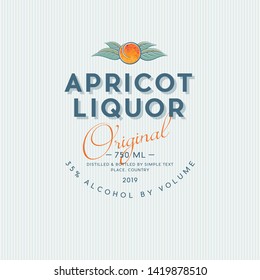 Liquor Label with Ripe Apricot and Letters. Fruit with leaves in a circle. Style Packaging Design.