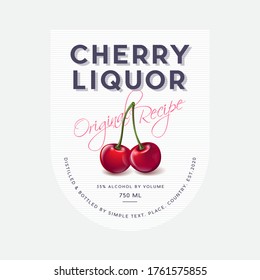 Liquor Label with Ripe Cherry and Letters. Red ripe fruits and letters in a rounded badge. Style Packaging Design.