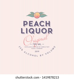 Liquor Label with Ripe Peach and Letters. Fruit with leaves in a circle. Style Packaging Design.