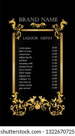 Liquor menu design with golden dragons and vintage victorian​ ​metal Leaves​
